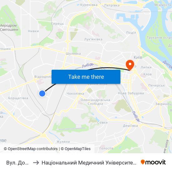 Вул. Добрузька to Національний Медичний Університет Імені О. О. Богомольця map