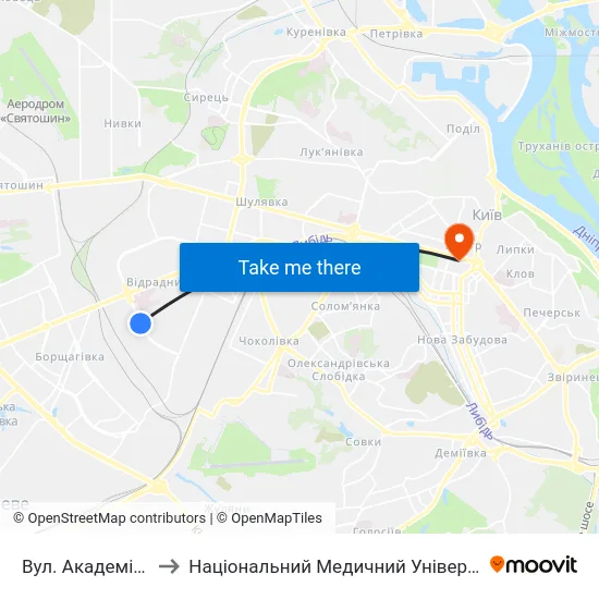 Вул. Академіка Білецького to Національний Медичний Університет Імені О. О. Богомольця map