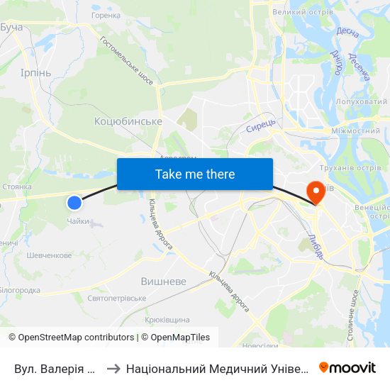 Вул. Валерія Лобановського to Національний Медичний Університет Імені О. О. Богомольця map