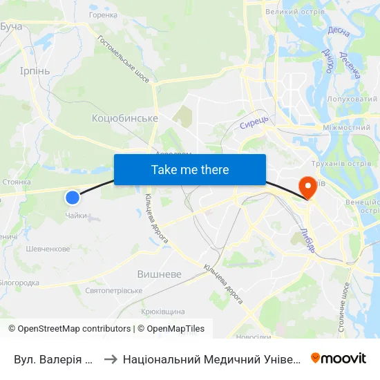 Вул. Валерія Лобановського to Національний Медичний Університет Імені О. О. Богомольця map