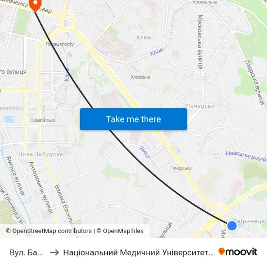 Вул. Бастіонна to Національний Медичний Університет Імені О. О. Богомольця map