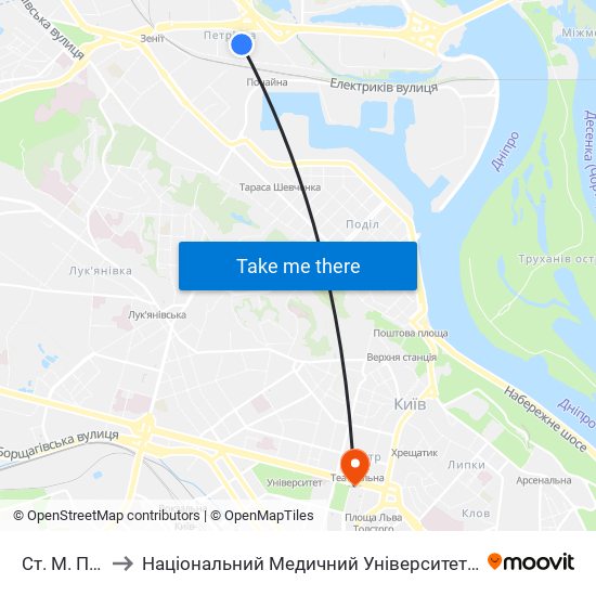Ст. М. Почайна to Національний Медичний Університет Імені О. О. Богомольця map