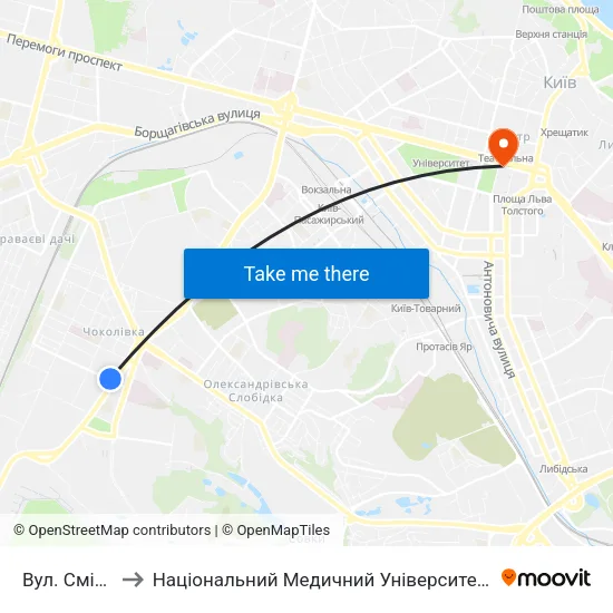 Вул. Смілянська to Національний Медичний Університет Імені О. О. Богомольця map