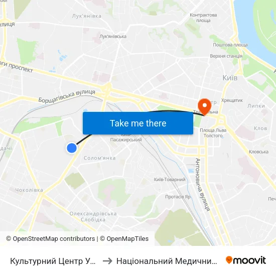Культурний Центр Українського Товариства Глухих to Національний Медичний Університет Імені О. О. Богомольця map