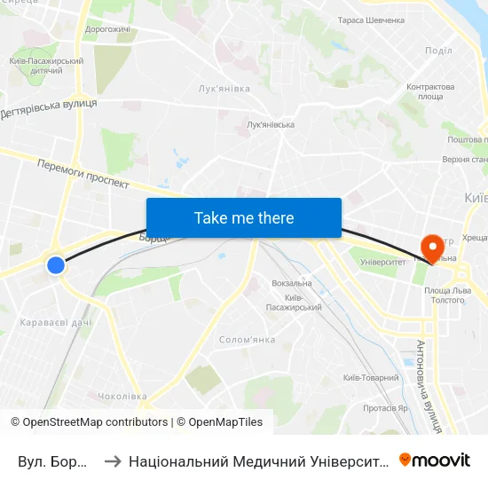 Вул. Борщагівська to Національний Медичний Університет Імені О. О. Богомольця map