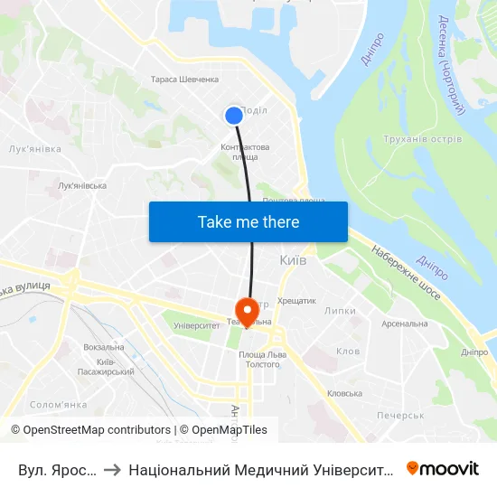 Вул. Ярославська to Національний Медичний Університет Імені О. О. Богомольця map