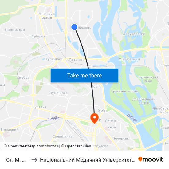 Ст. М. Мінська to Національний Медичний Університет Імені О. О. Богомольця map