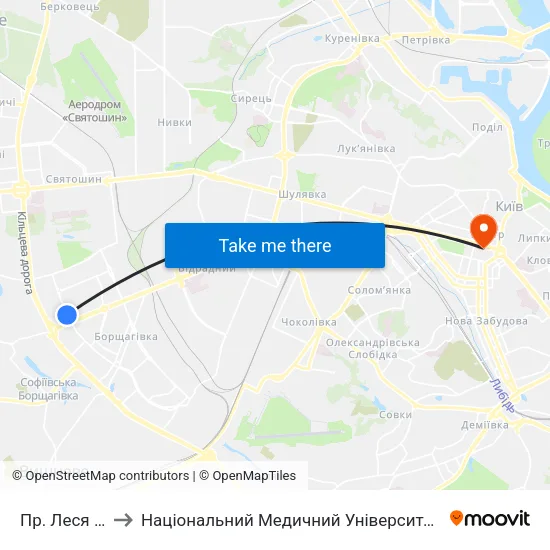 Пр. Леся Курбаса to Національний Медичний Університет Імені О. О. Богомольця map