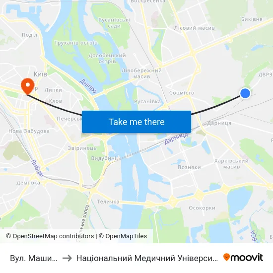 Вул. Машиністівська to Національний Медичний Університет Імені О. О. Богомольця map