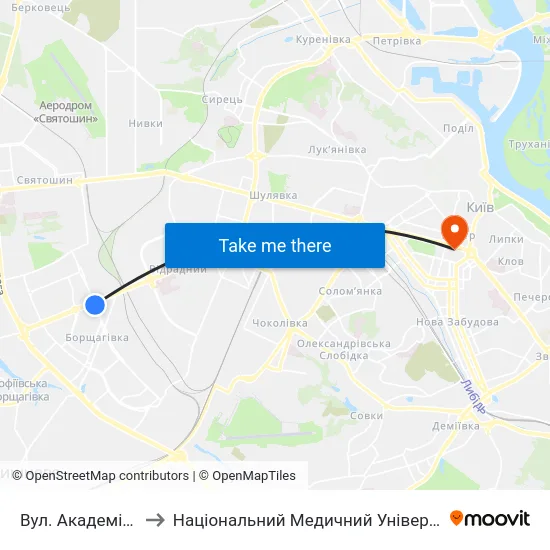 Вул. Академіка Корольова to Національний Медичний Університет Імені О. О. Богомольця map