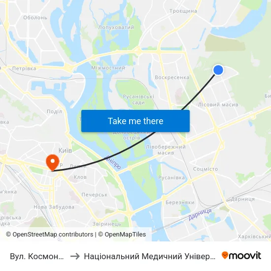 Вул. Космонавта Волкова to Національний Медичний Університет Імені О. О. Богомольця map