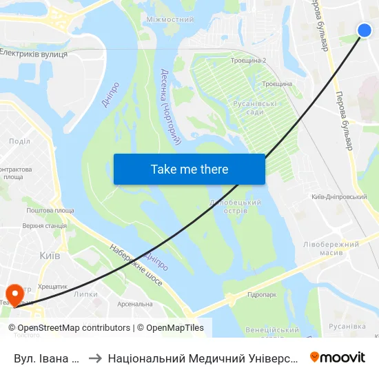 Вул. Івана Микитенка to Національний Медичний Університет Імені О. О. Богомольця map