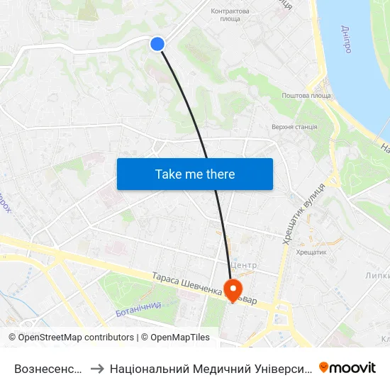 Вознесенський Узвіз to Національний Медичний Університет Імені О. О. Богомольця map