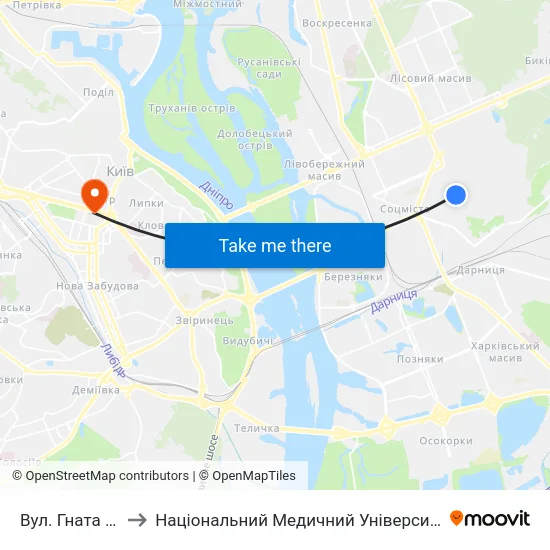 Вул. Гната Хоткевича to Національний Медичний Університет Імені О. О. Богомольця map