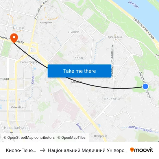 Києво-Печерська Лавра to Національний Медичний Університет Імені О. О. Богомольця map