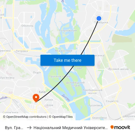 Вул. Градинська to Національний Медичний Університет Імені О. О. Богомольця map