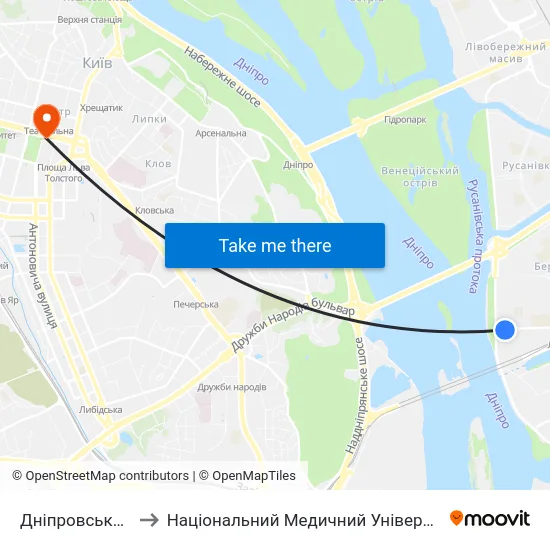 Дніпровська Набережна to Національний Медичний Університет Імені О. О. Богомольця map