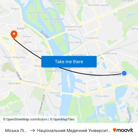 Міська Лікарня №1 to Національний Медичний Університет Імені О. О. Богомольця map