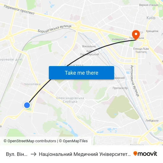 Вул. Вінницька to Національний Медичний Університет Імені О. О. Богомольця map