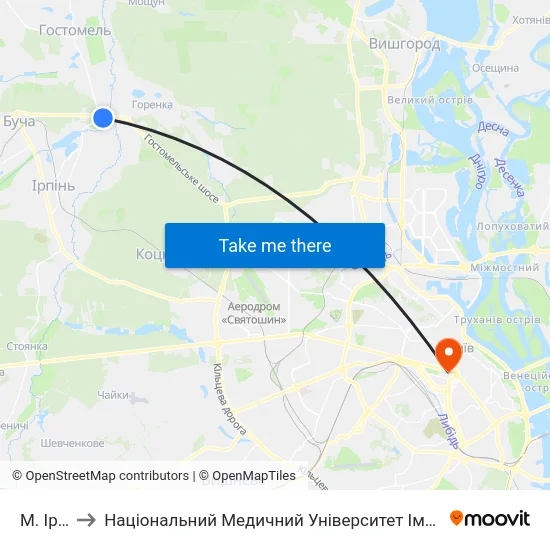М. Ірпінь to Національний Медичний Університет Імені О. О. Богомольця map