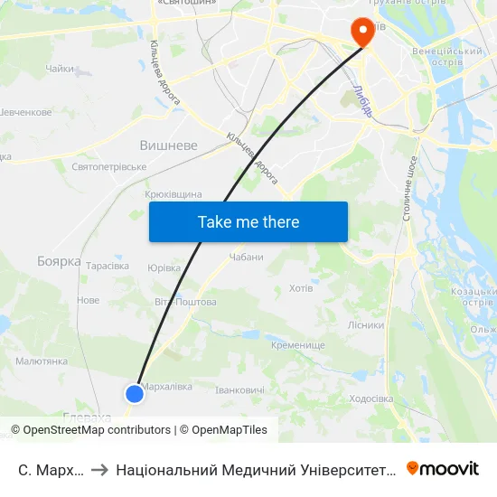С. Мархалівка to Національний Медичний Університет Імені О. О. Богомольця map