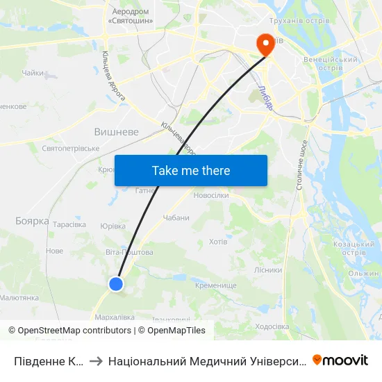 Південне Кладовище to Національний Медичний Університет Імені О. О. Богомольця map