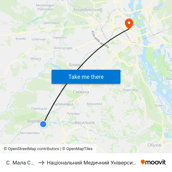 С. Мала Солтанівка to Національний Медичний Університет Імені О. О. Богомольця map