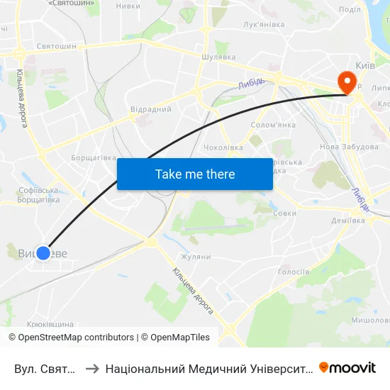 Вул. Святошинська to Національний Медичний Університет Імені О. О. Богомольця map