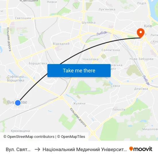 Вул. Святошинська to Національний Медичний Університет Імені О. О. Богомольця map