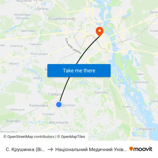 С. Крушинка (Військова Частина) to Національний Медичний Університет Імені О. О. Богомольця map