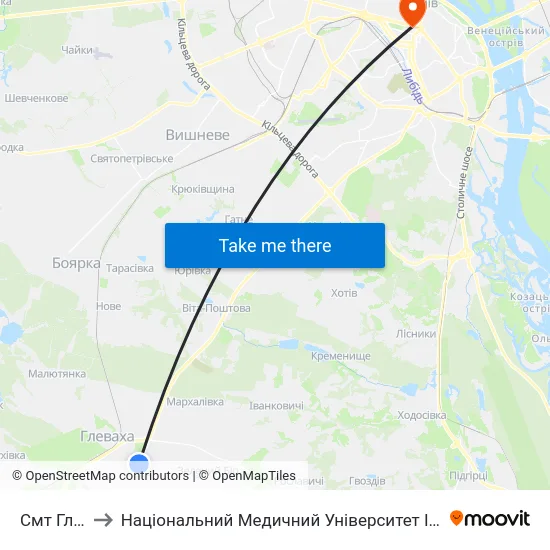 Смт Глеваха to Національний Медичний Університет Імені О. О. Богомольця map