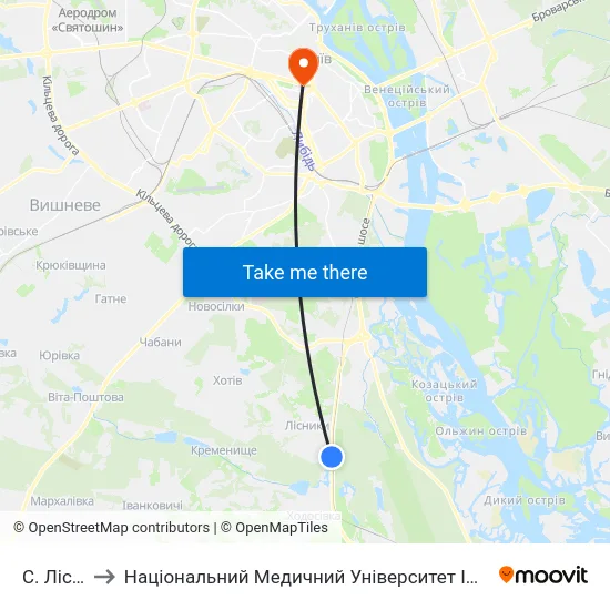 С. Лісники to Національний Медичний Університет Імені О. О. Богомольця map