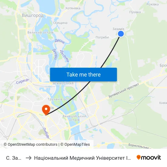 С. Зазим'Я to Національний Медичний Університет Імені О. О. Богомольця map