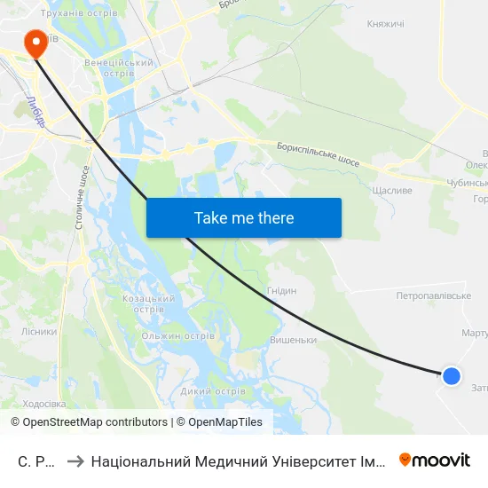 С. Ревне to Національний Медичний Університет Імені О. О. Богомольця map