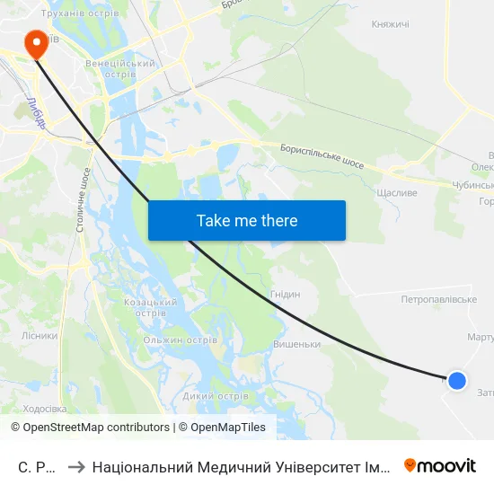 С. Ревне to Національний Медичний Університет Імені О. О. Богомольця map