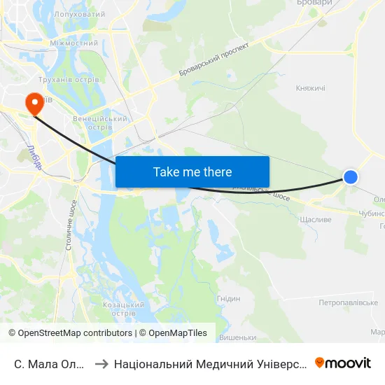 С. Мала Олександрівка to Національний Медичний Університет Імені О. О. Богомольця map