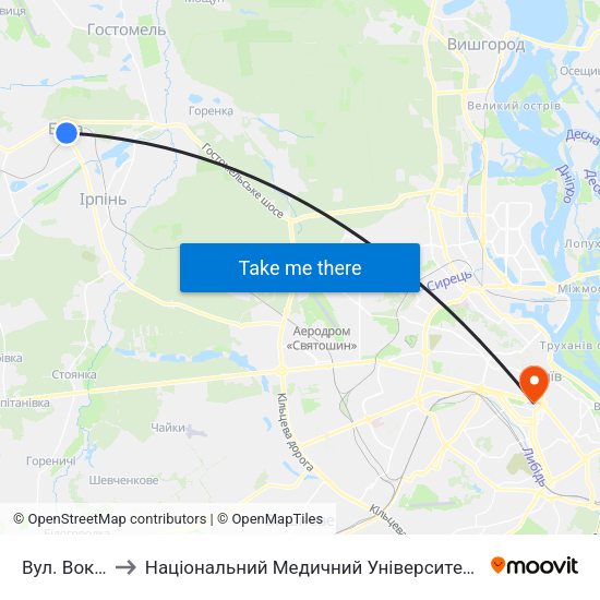 Вул. Вокзальна to Національний Медичний Університет Імені О. О. Богомольця map