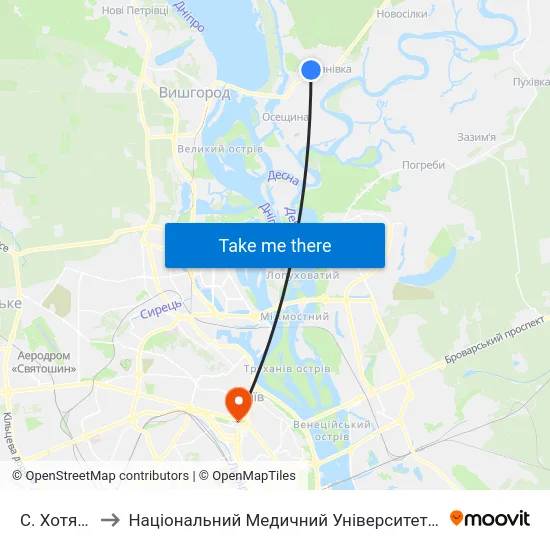С. Хотянівка-1 to Національний Медичний Університет Імені О. О. Богомольця map