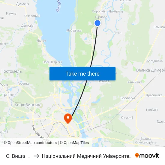 С. Вища Дубечня to Національний Медичний Університет Імені О. О. Богомольця map