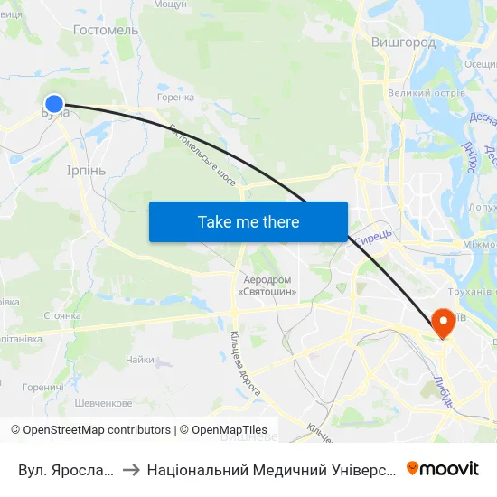 Вул. Ярослава Мудрого to Національний Медичний Університет Імені О. О. Богомольця map