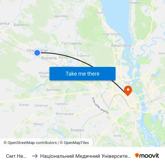 Смт Немішаєве to Національний Медичний Університет Імені О. О. Богомольця map