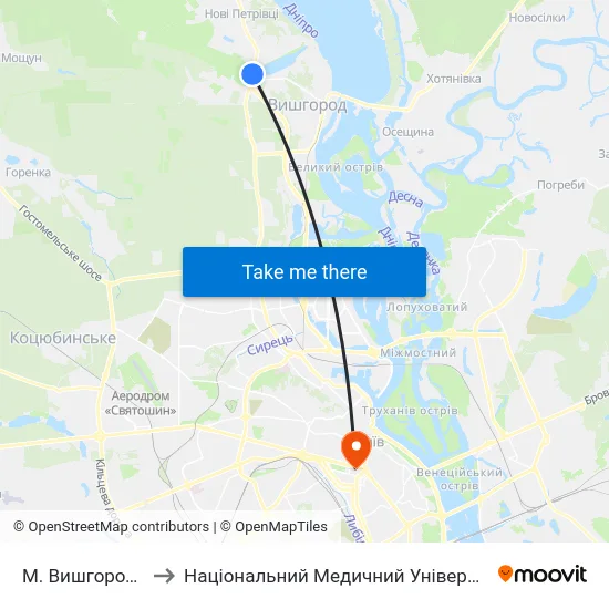 М. Вишгород (Дідовиця) to Національний Медичний Університет Імені О. О. Богомольця map