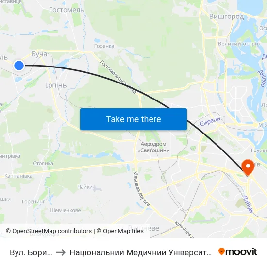 Вул. Бориса Гмирі to Національний Медичний Університет Імені О. О. Богомольця map