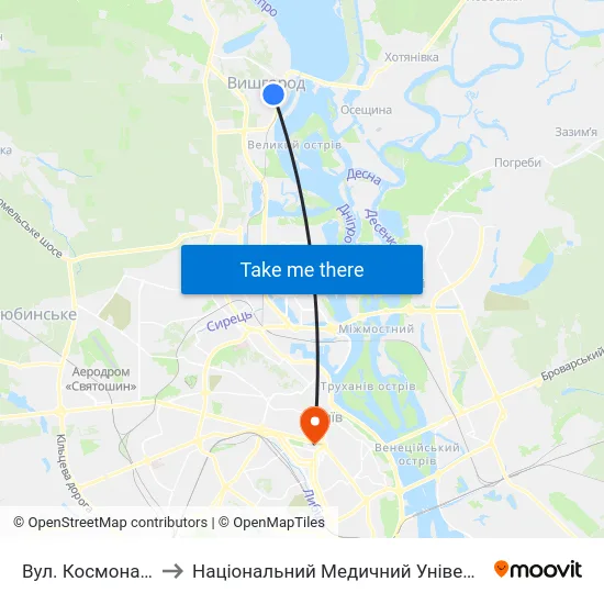 Вул. Космонавта Поповича to Національний Медичний Університет Імені О. О. Богомольця map