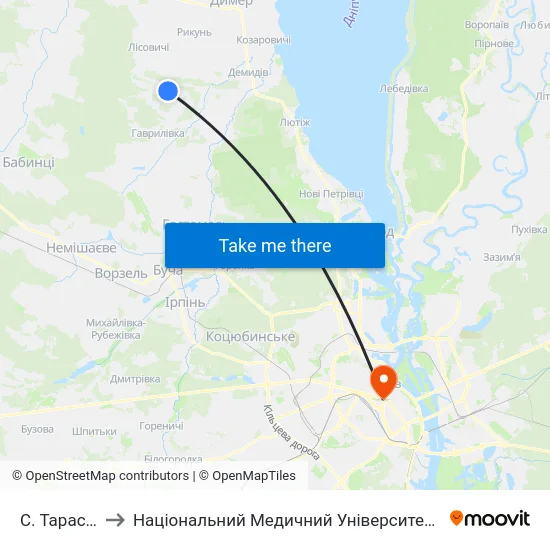 С. Тарасівщина to Національний Медичний Університет Імені О. О. Богомольця map