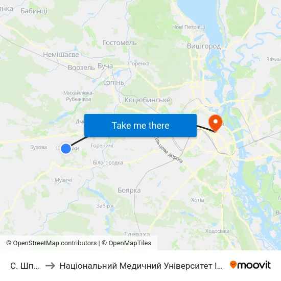 С. Шпитьки to Національний Медичний Університет Імені О. О. Богомольця map