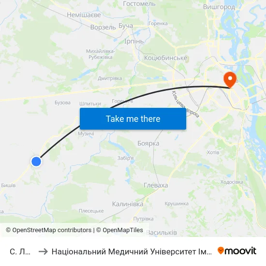 С. Лишня to Національний Медичний Університет Імені О. О. Богомольця map