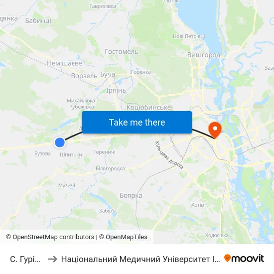 С. Гурівщина to Національний Медичний Університет Імені О. О. Богомольця map