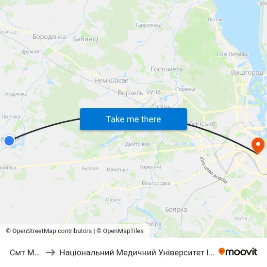 Смт Макарів to Національний Медичний Університет Імені О. О. Богомольця map