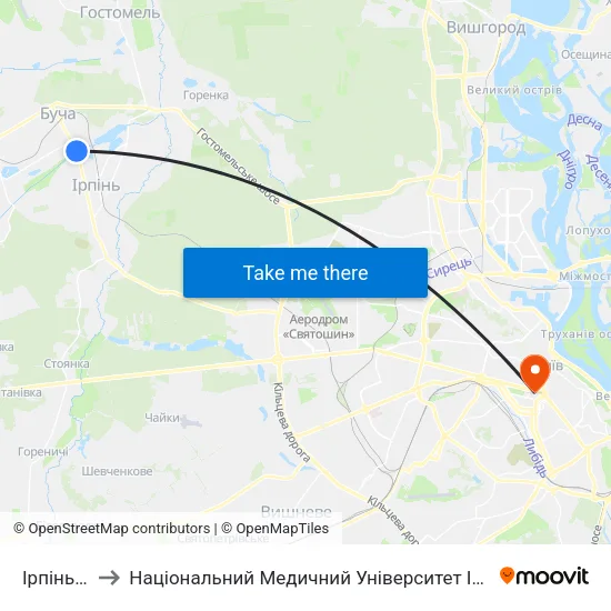 Ірпінь (Бкз) to Національний Медичний Університет Імені О. О. Богомольця map